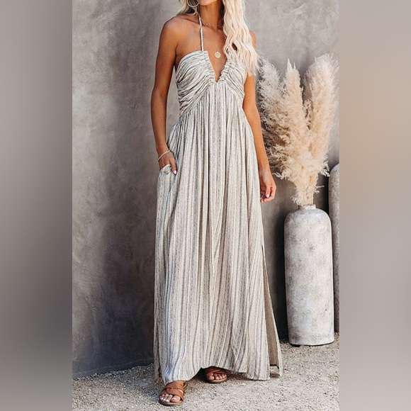 Promesa Halter Cream & Gray Maxi Dress - Picture 5 of 10